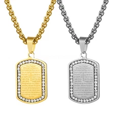 Mens Stainless Steel Cross Lords Prayer Rhinestone Dog Tag Pendant Necklace 22"