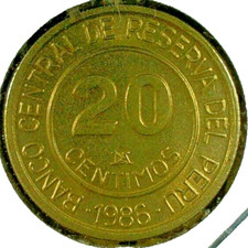 WORLD COIN SALE: 1986 PERU 20 centimos: Brass Composition Coin  KM#294