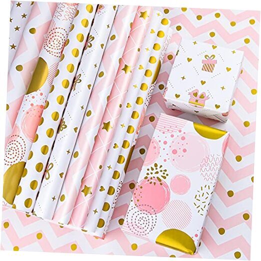 PLULON 6 Sheets Gold and Pink Birthday Gift Wrapping Paper, Gold Pink Gift 