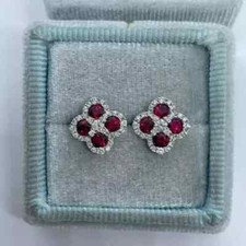 Flower Stud Earring 14k White Gold Plated 2Ct Round Cut Lab-Created Ruby