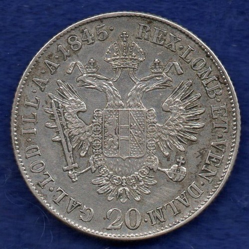 Habsburg, Austria, Ferdinand I 1845 Silver 20 Kreuzer, Better Grade (Ref. f0430)