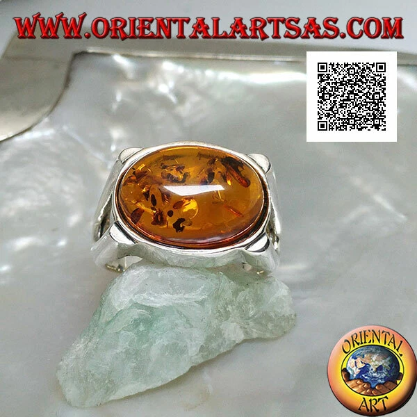 Ambre Bague en Argent 925‰ Ovale Cabochon De Traversière Sur Monture à Lisser - Photo 1/1