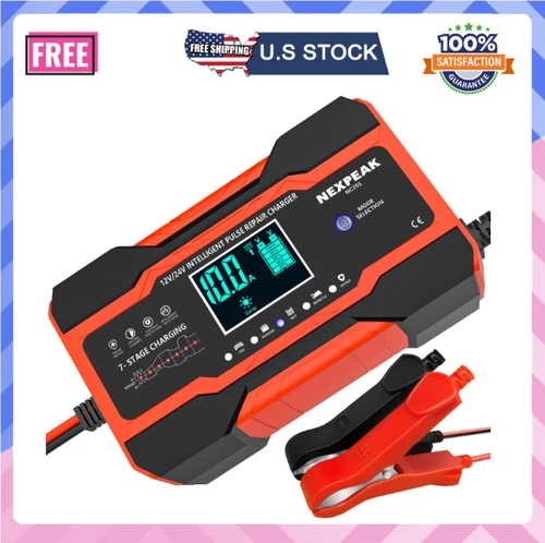 10-Amp Car Battery Charger, 12V and 24V Smart Fully Automatic Battery Charger