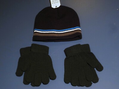 NEW Kid's One Size FADED GLORY 2 Pair Knit Gloves Hat Set Black Stripe