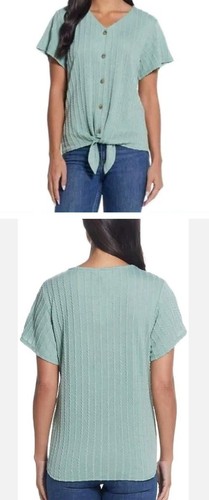 Wetterfestes Vintage ~ vorne zum Binden ~ Damen XL ~ V-Ausschnitt ~ geflochtenes Stricktop ~ grün - Bild 3 von 12