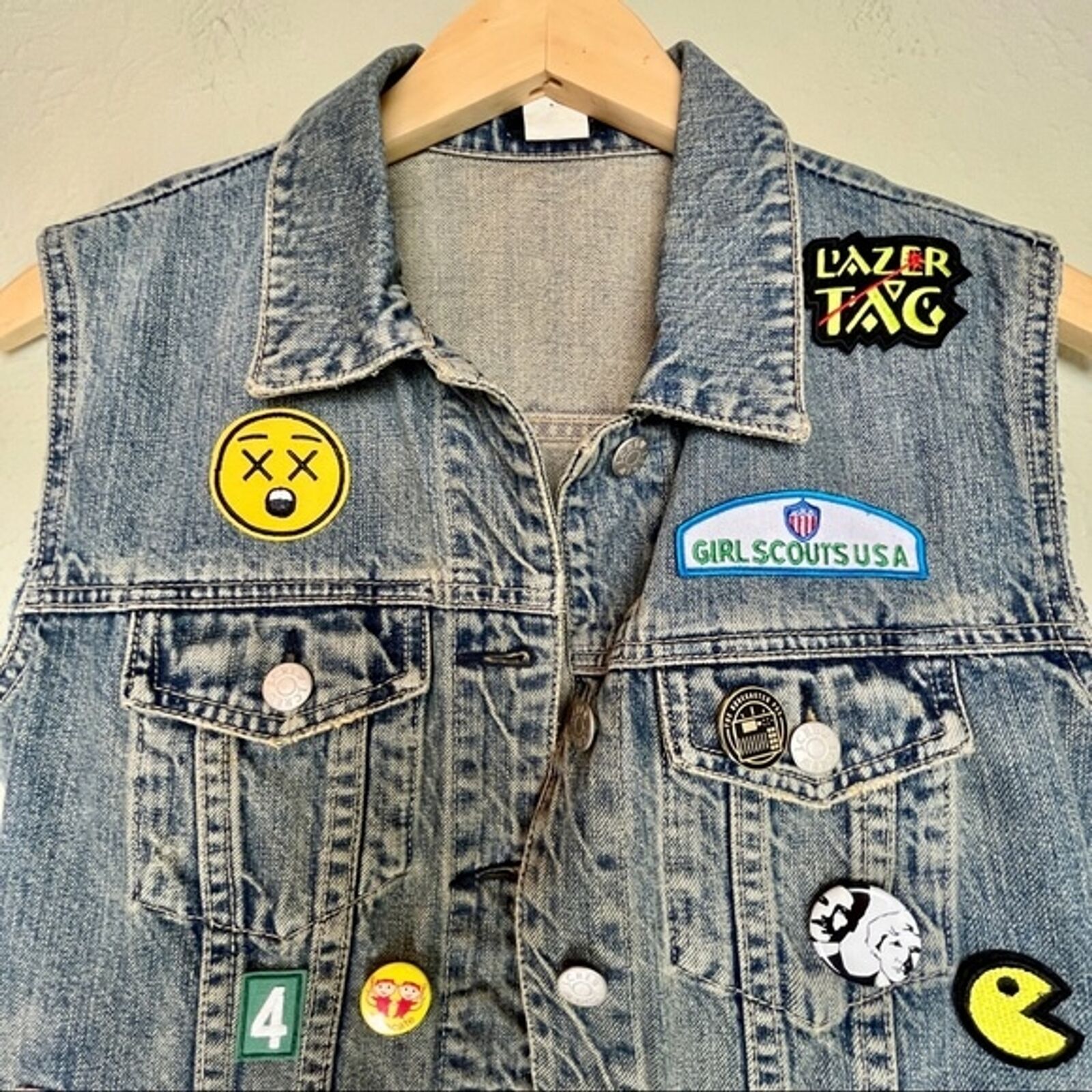 Custom Denim Jean Battle Vest Distressed Back Patch Wasted Youth OOAK Yellow