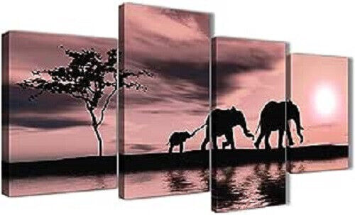 Kunstdruck auf Leinwand, Motiv afrikanischer Sonnenuntergang, Elefanten, 4-tlg. - Bild 1 von 2