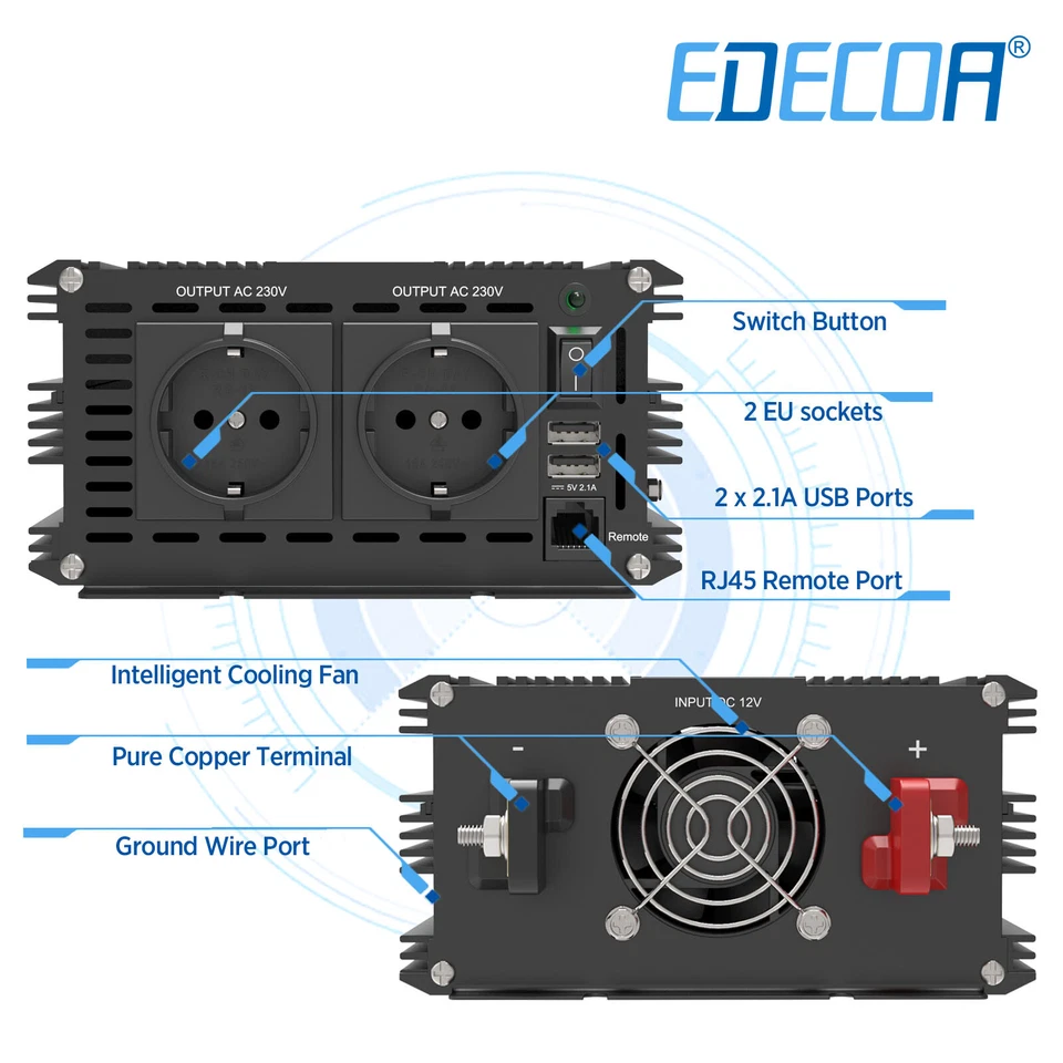 EDECOA 3500W Inversor Onda Pura 12V 220V Convertidor Transformator Camper - Imagen 3 de 4