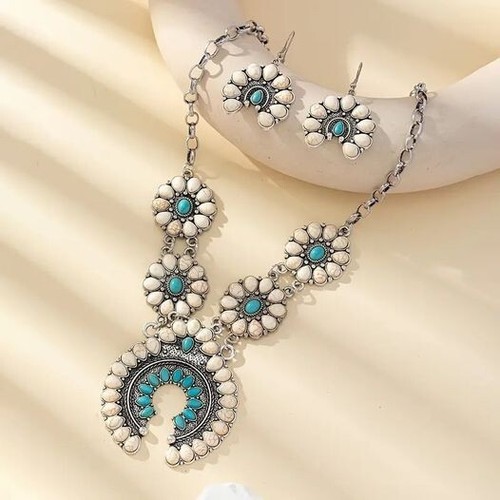 FAUX Squash Blossom necklace & earrings set - Silver plated, imitation turquoise