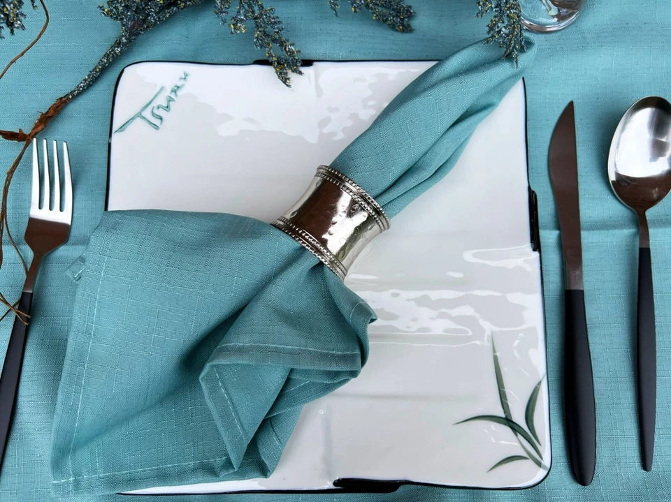 Plato cuadrado de porcelana blanco pintado a mano hojas de bambú y elegante borde negro x6 Foto 4 de 4