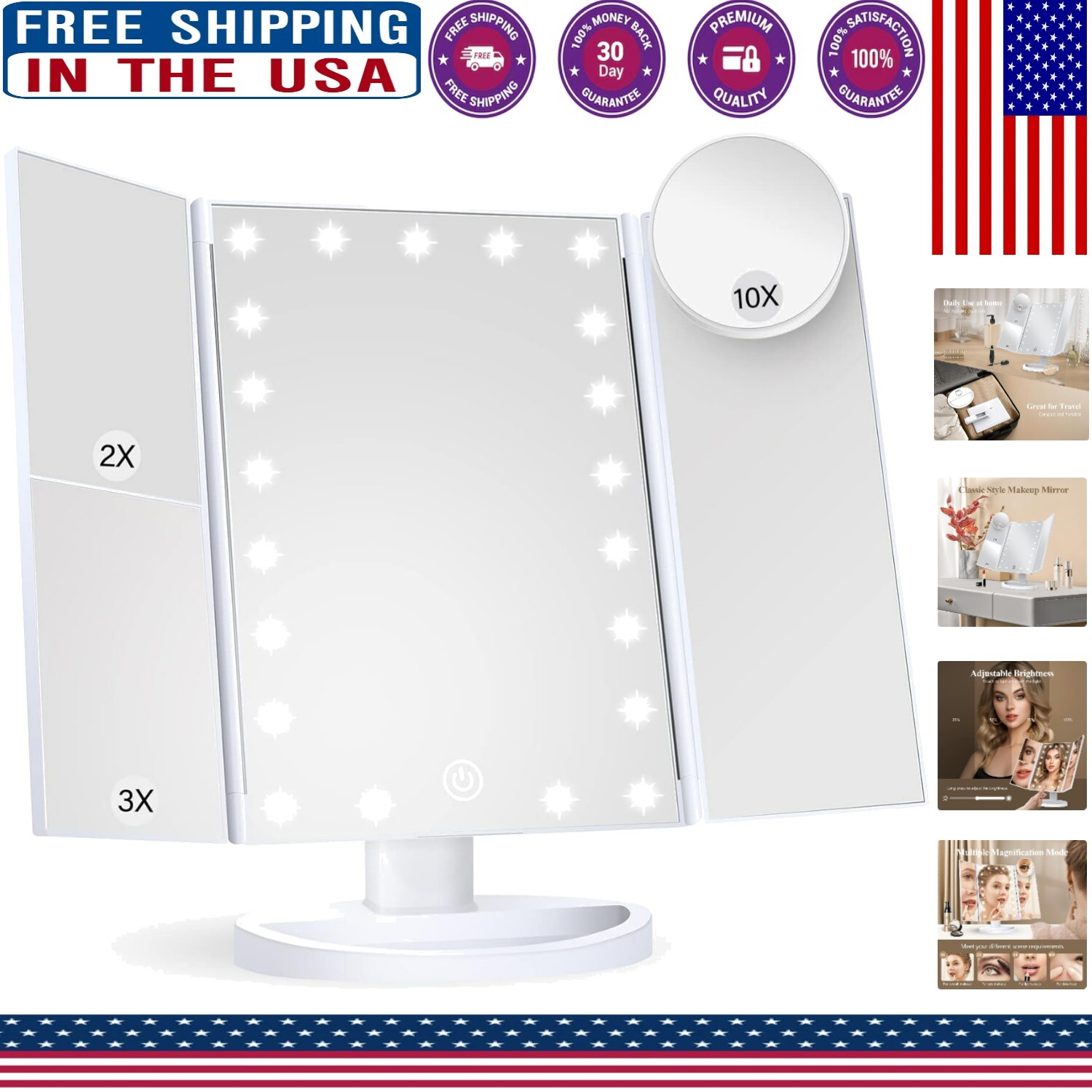 LED Lighted Trifold Makeup Mirror with 10X Magnification – Ideal Gift for Women & Beauty Enthusiasts