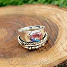 Two Tone - Kingman Pink Dahlia Turquoise 925 Sterling Silver Spinner Ring