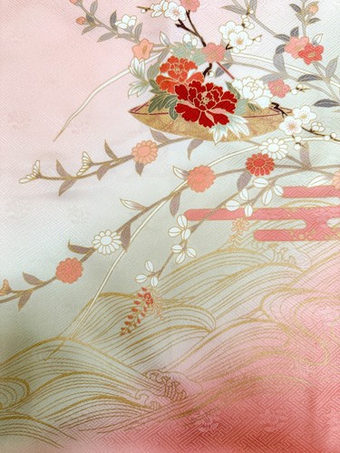 Vintage Kimono Fabric Picked From Furisode 44”x14” Multi Color Base v392 - Picture 3 of 10