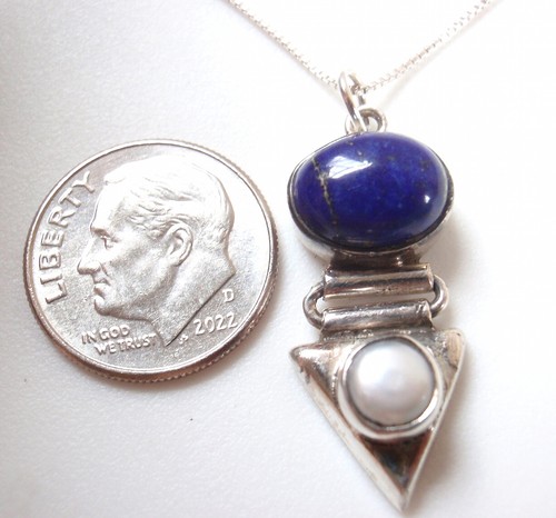 Cultured Pearl and Lapis Lazuli 925 Sterling Silver Necklace d17b - Picture 2 of 3