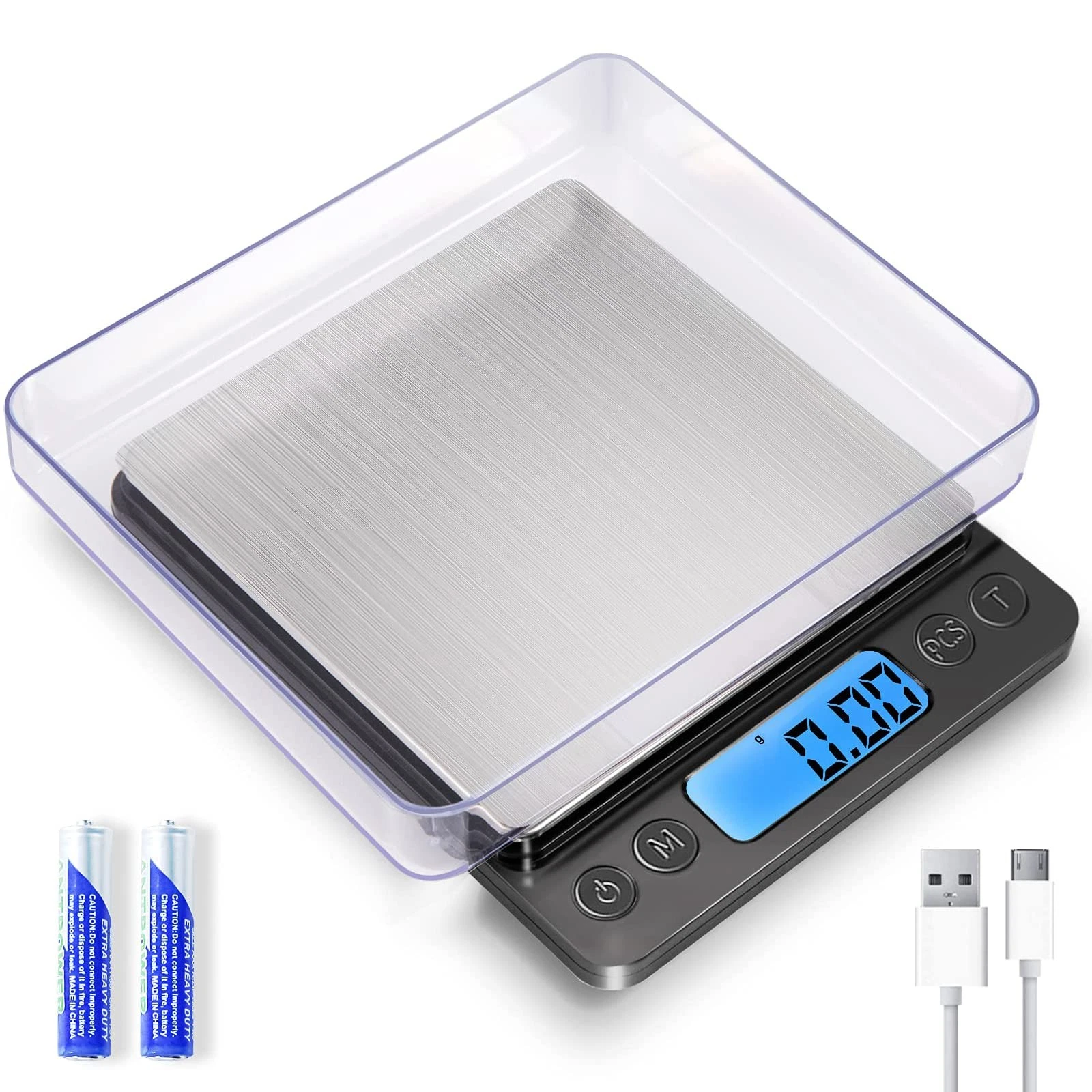 Digital Kitchen Scale 1000g x 0.01g, USB Charging, Tare Function, 9 Units