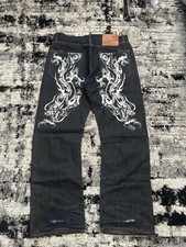 Ed Hardy Men’s Dark Wash Blue Denim Straight Jeans Skull Graphic Print