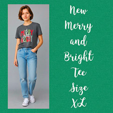 New Merry and Bright Christmas Holiday Tee Shirt Charcoal Gray Ladies Size XL 