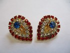 Vintage Large Red Clear & Blue Prong Set Rhinestone Teardrop Beaded Earrings