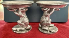 POTTERY BARN (SET 2) LONG EARRED BUNNIES RABBIT SILVER METAL CANDLE PILLAR STAND