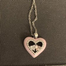 Pink Heart Crystal Pendant Necklace Cable Chain Silver Tone Charm Jewelry