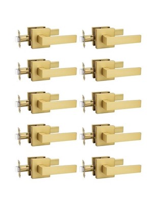 10 Pack Gold Keyless Square Levers Handles, Satin Brass Finish, Interior Pass...