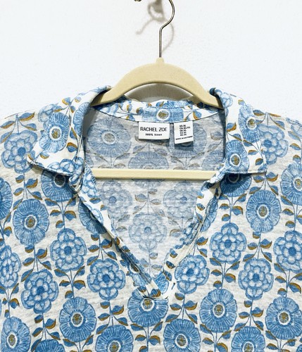 Rachel Zoe Top Womens XL Blue Floral Split Neck Linen Lightweight Boho Beachy - Picture 2 of 6