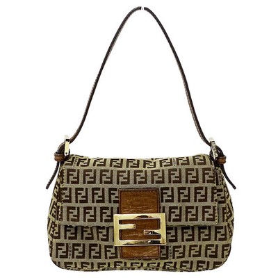 Fendi Zucchino Canvas Brown Mini Bag Micro Small Handbag Women's #BBB139