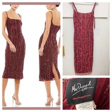 Mac Duggal Beaded Sequin Dress Spaghetti Strap Midi Slip Burgundy 6 evening prom