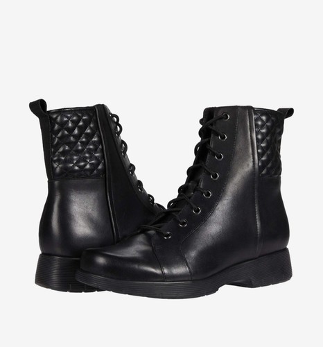 Munro Tessa Boot Size 7 Lace Up Leather Ankle Boot Black Quilted Detail Ret $250