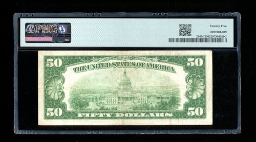 DBR 1928 $50 scarce Minneapolis Numeral Fr. 2100-I PMG 25 Serial I00054850A - Picture 2 of 2