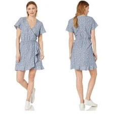 J. Crew Mercantile Womens S Blue Floral Chambray Ruffle Tie Side Mini Wrap Dress