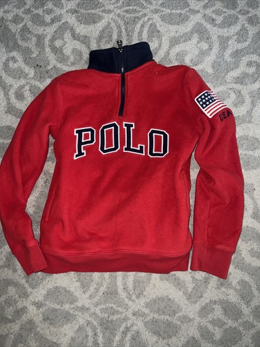 Polo Ralph Lauren USA Flag 1/4 Zip Pullover Red Knit Sweater Kids Size 10/12 - Picture 3 of 5