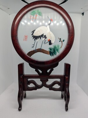 Vintage Chinese glass silk hand embroidered table screen w/mahogany stand Cranes