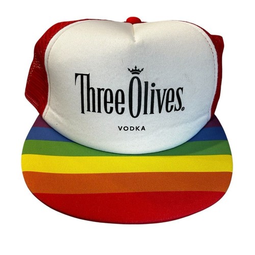 Vintage Three Olives Vodka Trucker Hat Red Rainbow Brim Unisex Adjustable Cap