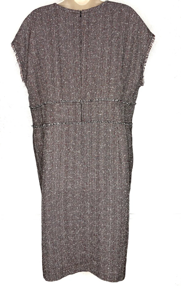 Vestido Vaina Escada Negro Tweed Cuello en V Sin Mangas Flecos Talla 44 Foto 4 de 4