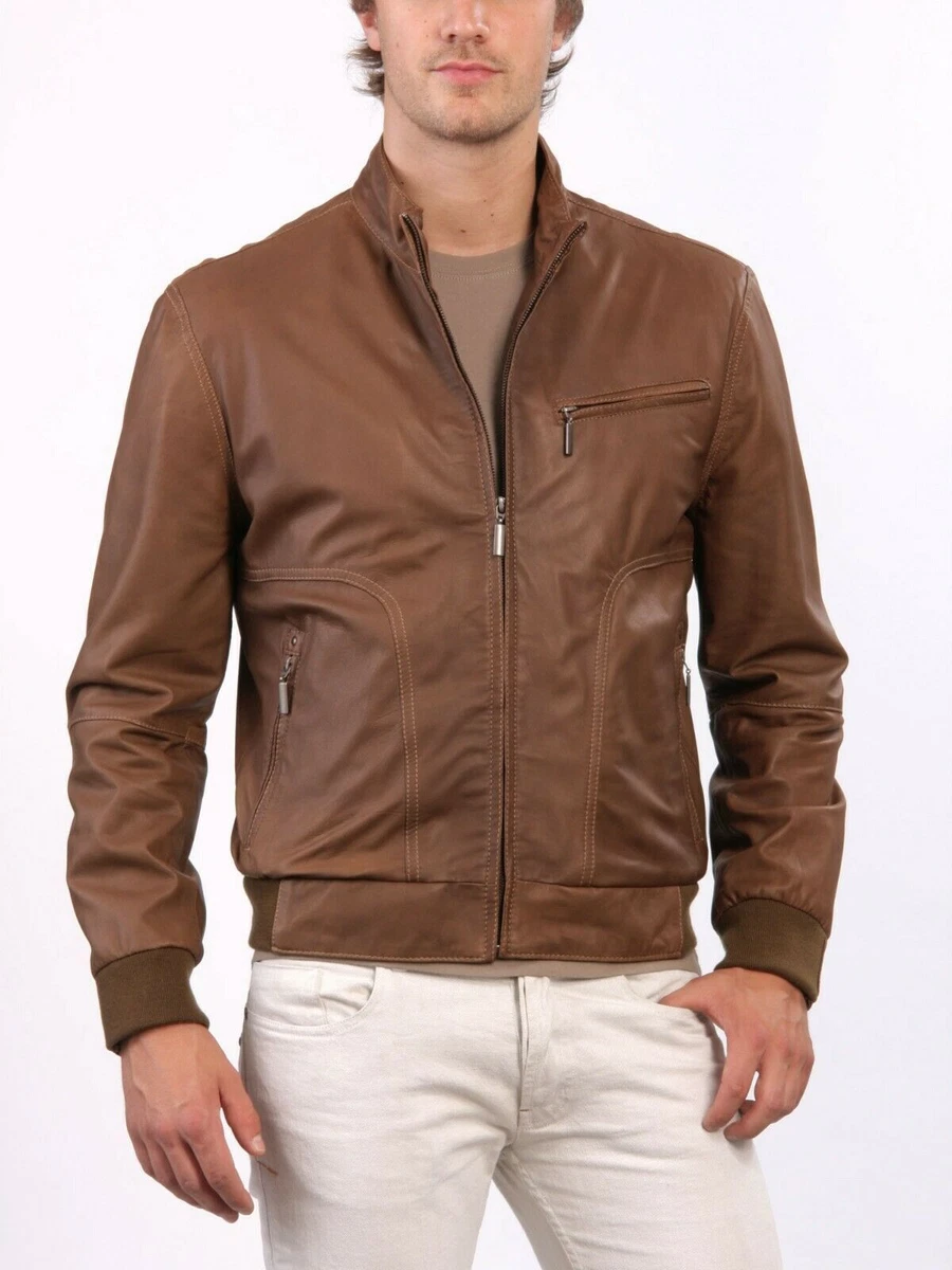 Mens Elegant Dark Brown Pure Leather Bomber Jacket