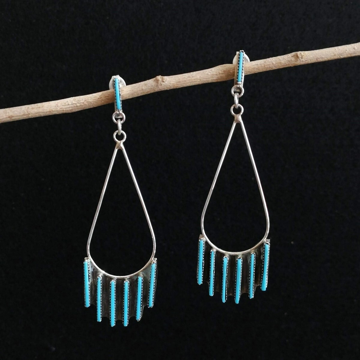 Huge Vintage Native American Zuni Needlepoint Coral Sterling Silver Chandelier Earrings Huge Vintage Native American Zuni Needlepoint Coral Sterling Silver Chandelier Earrings