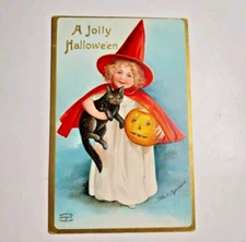 Jolly Halloween Postcard Ellen Clapsaddle Witch Girl Black Cat Germany S. Garre