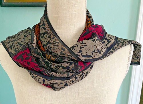 Jones New York Silk Scarf Rectangle Baroque & Arabesque Design Sheer Pink Brown - Picture 12 of 13