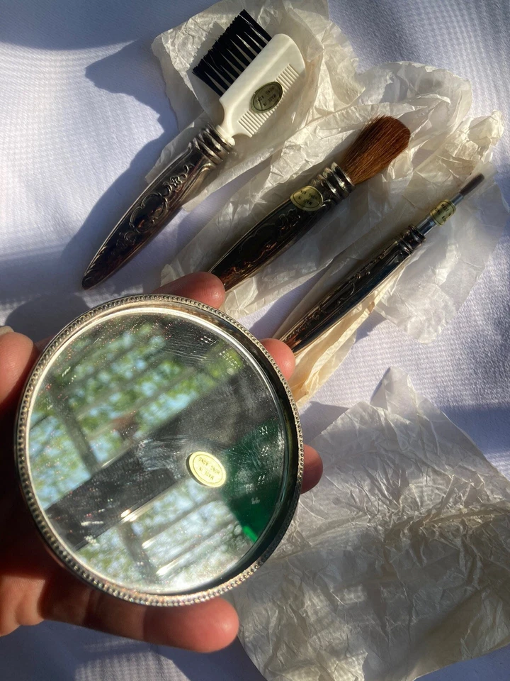 Антикварное полотенце из 4 предметов посеребренный набор для туалетного столика - 3 кисти и компактное зеркало - Изображение 4 из 4