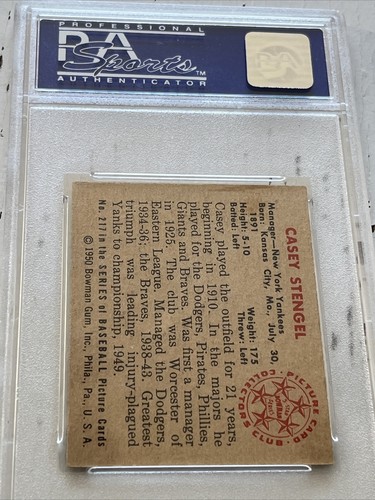 1950 Bowman #217 Casey Stengel PSA 6 New York Yankees - Picture 2 of 2