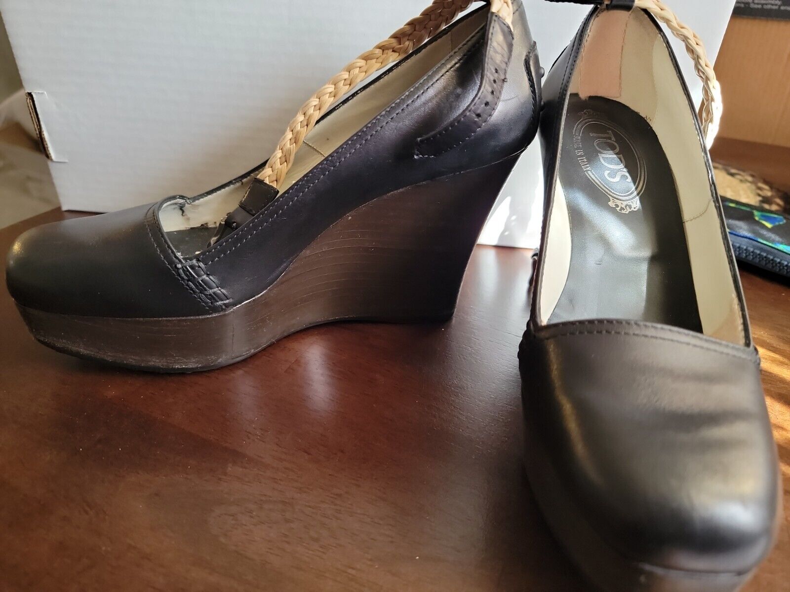 TOD'S  Black Leather Platform Wedges Shoes Ankle … - image 2