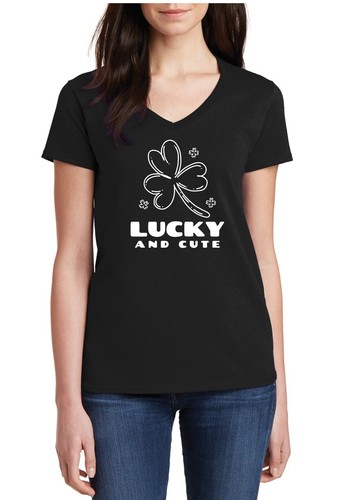 Womens V-neck Lucky & Cute T-Shirt St. Patrick's Day Gift Funny Irish Shamrock - Picture 3 of 3