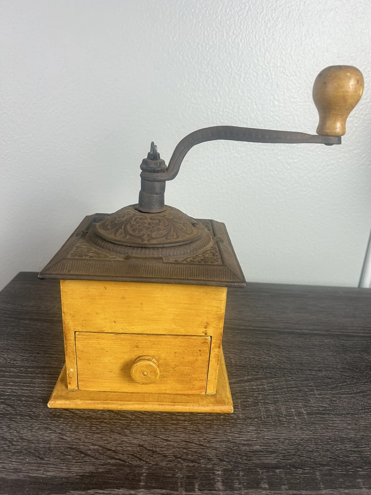Old Ornate Cast Iron and Wooden Coffee Bean Spice Grinder Mill With Hand Crank