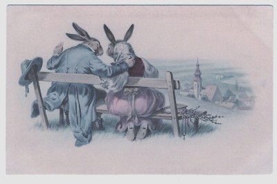 Easter Vintage Postcard M M Vienne Dressed Humanized Rabbit Couple Bench Fantasy
