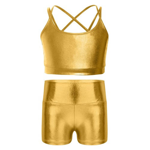 Kids Girls Hip Hop Dance Outfit Metallic Crop Top with Shiny Shorts Dancewear - Picture 7 of 36