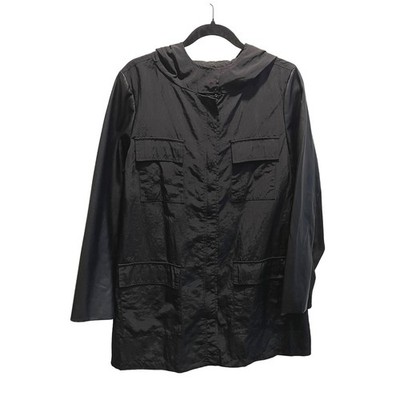 Alfani Utility Jacket Women PL Black Gorpcore Mixed Media Faux Leather Hooded