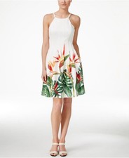 Calvin Klein W Size 2 Fit To Flare White / Tropical Print Modi Dress Hight Neck