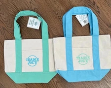 NEW TRADER JOE'S MINI CANVAS TOTE BAG PASTEL GREEN & BLUE SET OF 2 NWT