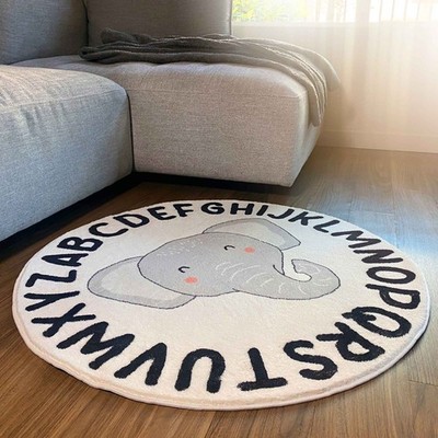 ABC Round Kids Rug, Anti-Slip Rug 47x47in (120cmx120cm) (Baby Elephant, White)